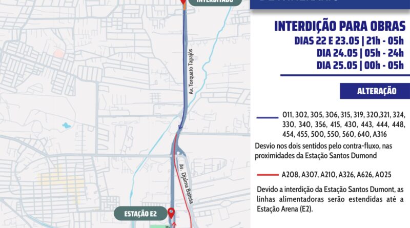 Prefeitura de Manaus informa interdição temporária da plataforma de ônibus Santos Dumont para avanço das obras da nova passarela