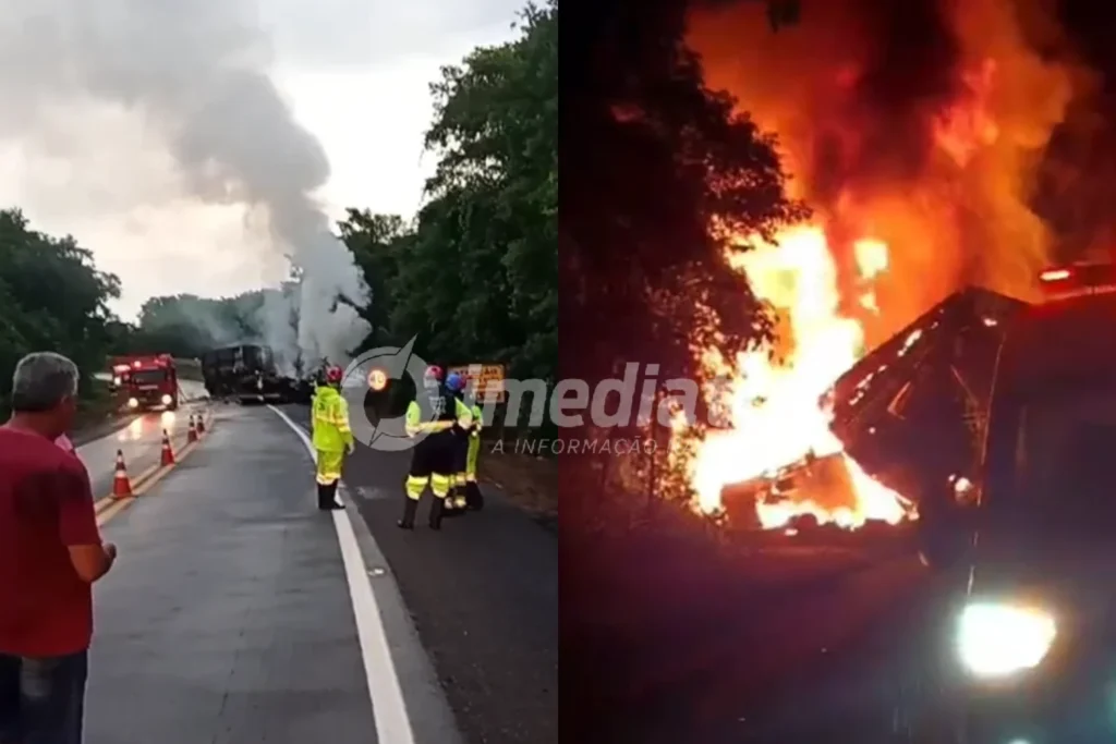 VEJA O VÍDEO: Colisão entre caminhões termina em incêndio e deixa um morto na BR-364